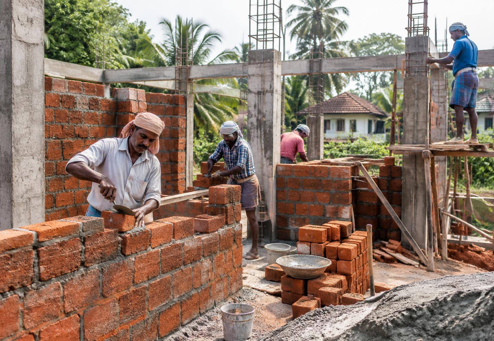 Skilled masonry work on a Kerala construction site